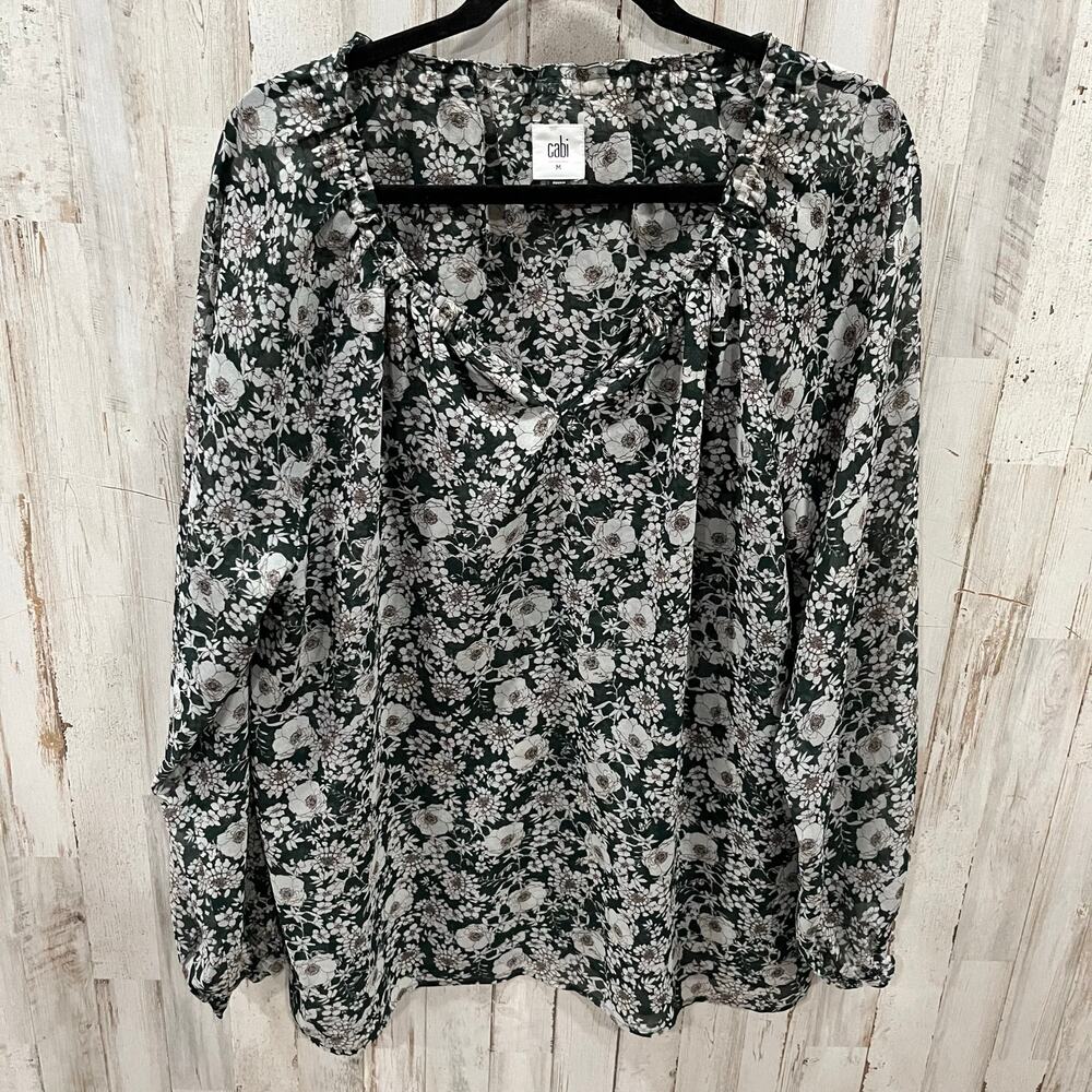 Cabi #3765 Bianca Top Women M Green Gray Floral Sheer‎ Lined Long Sleeve